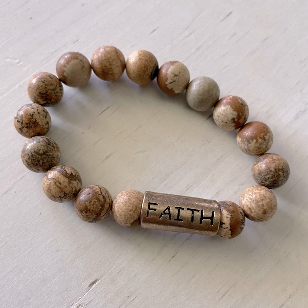 Faith carved round bronze tone bead stretch bracelet, wood brown beads ?